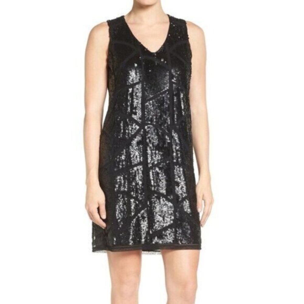 Halogen Black Sequin Dress V Neck Sleeveless Shift Cocktail Dress SZ S NWT